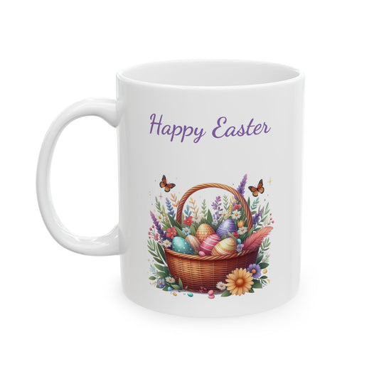 White ceramic coffee mug with "Happy Easter" in purple script, two brown butterflies, and a woven basket filled with colorful Easter eggs, purple and yellow flowers, and green leaves.

