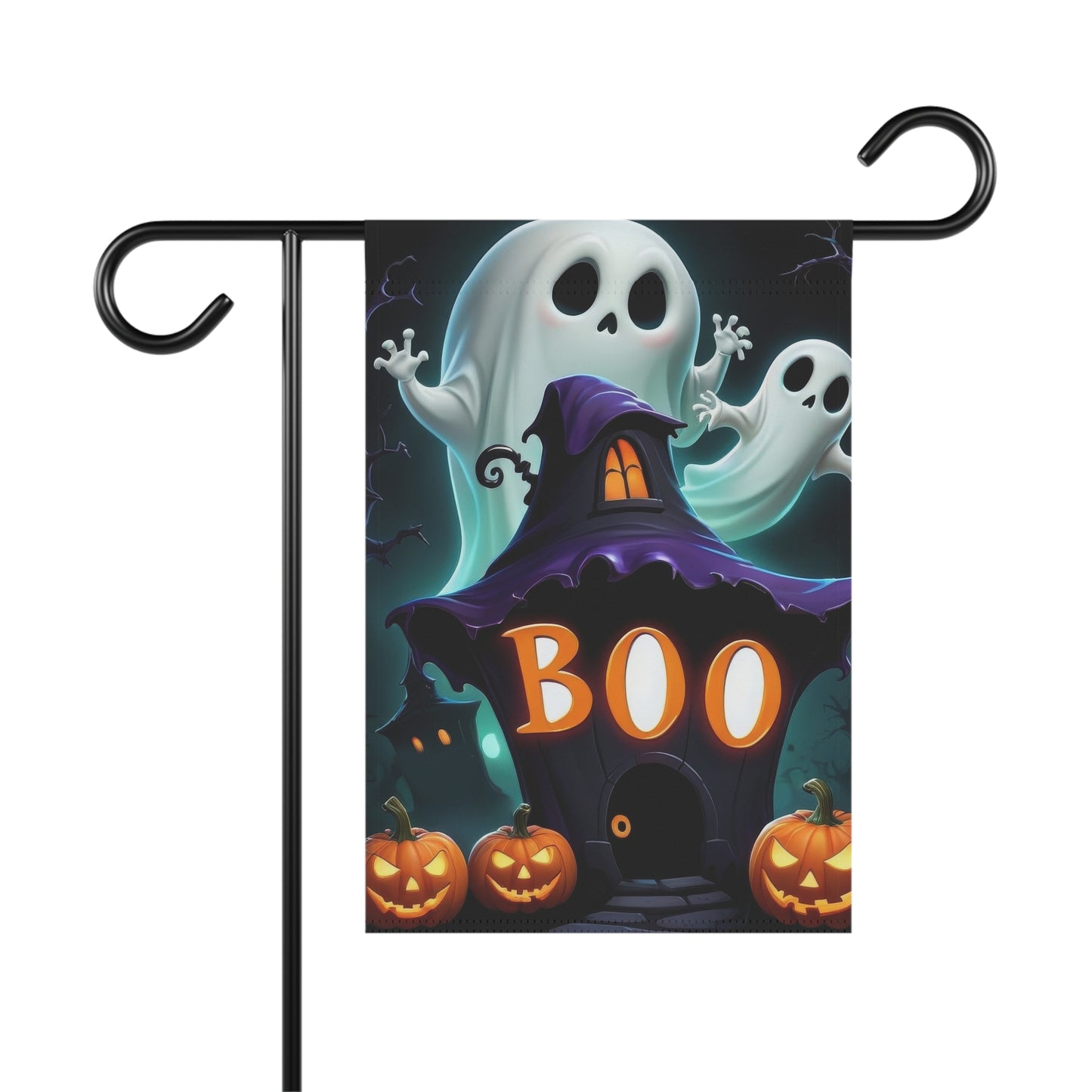 “Halloween garden flag with spooky ghosts, jack-o'-lanterns, haunted house, and bold ‘BOO’ text”