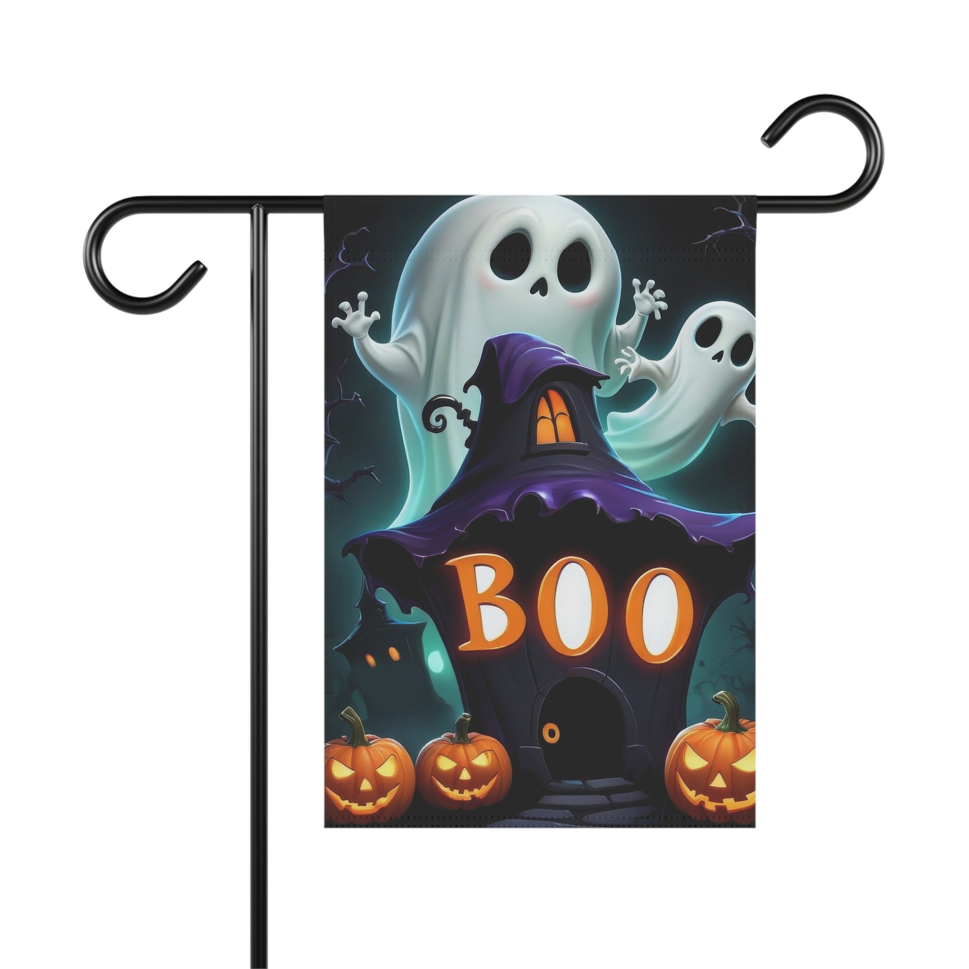 “Halloween garden flag with spooky ghosts, jack-o'-lanterns, haunted house, and bold ‘BOO’ text”