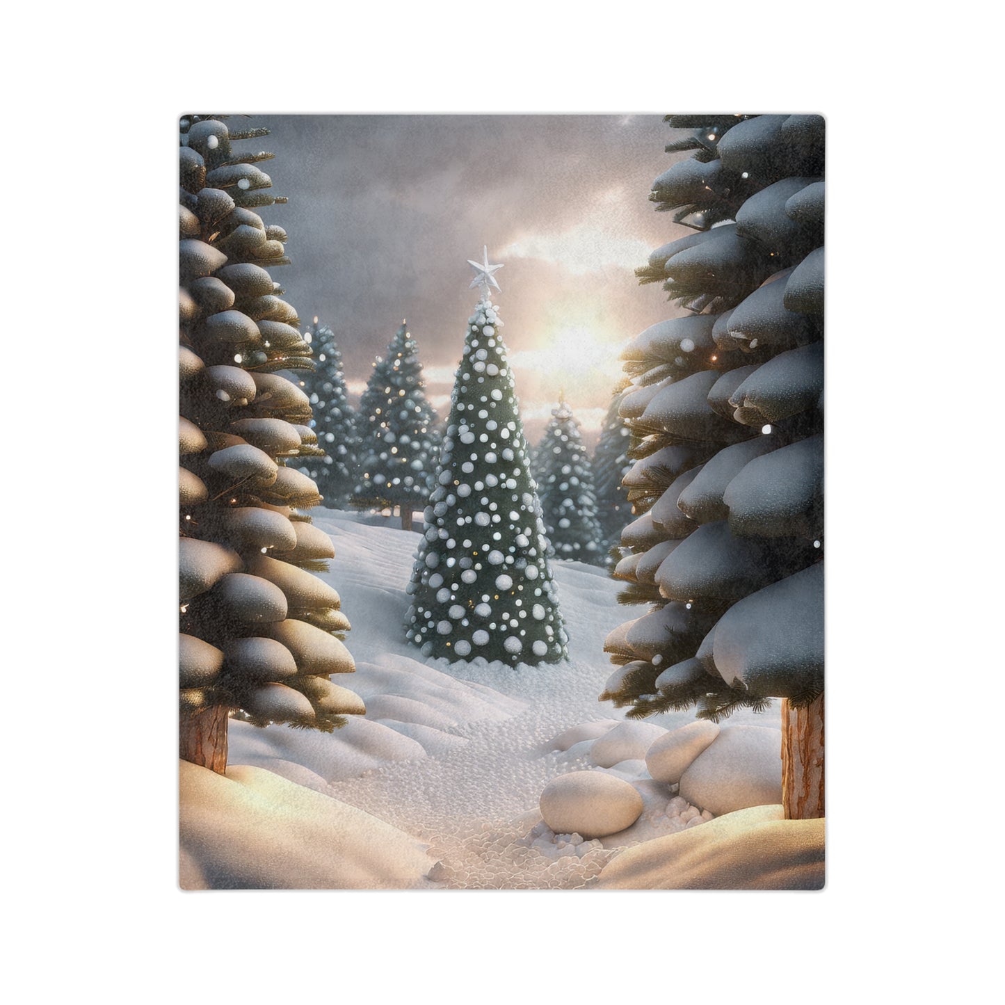 Christmas tree with white ornaments in snowy forest at sunset on velveteen plush blanket