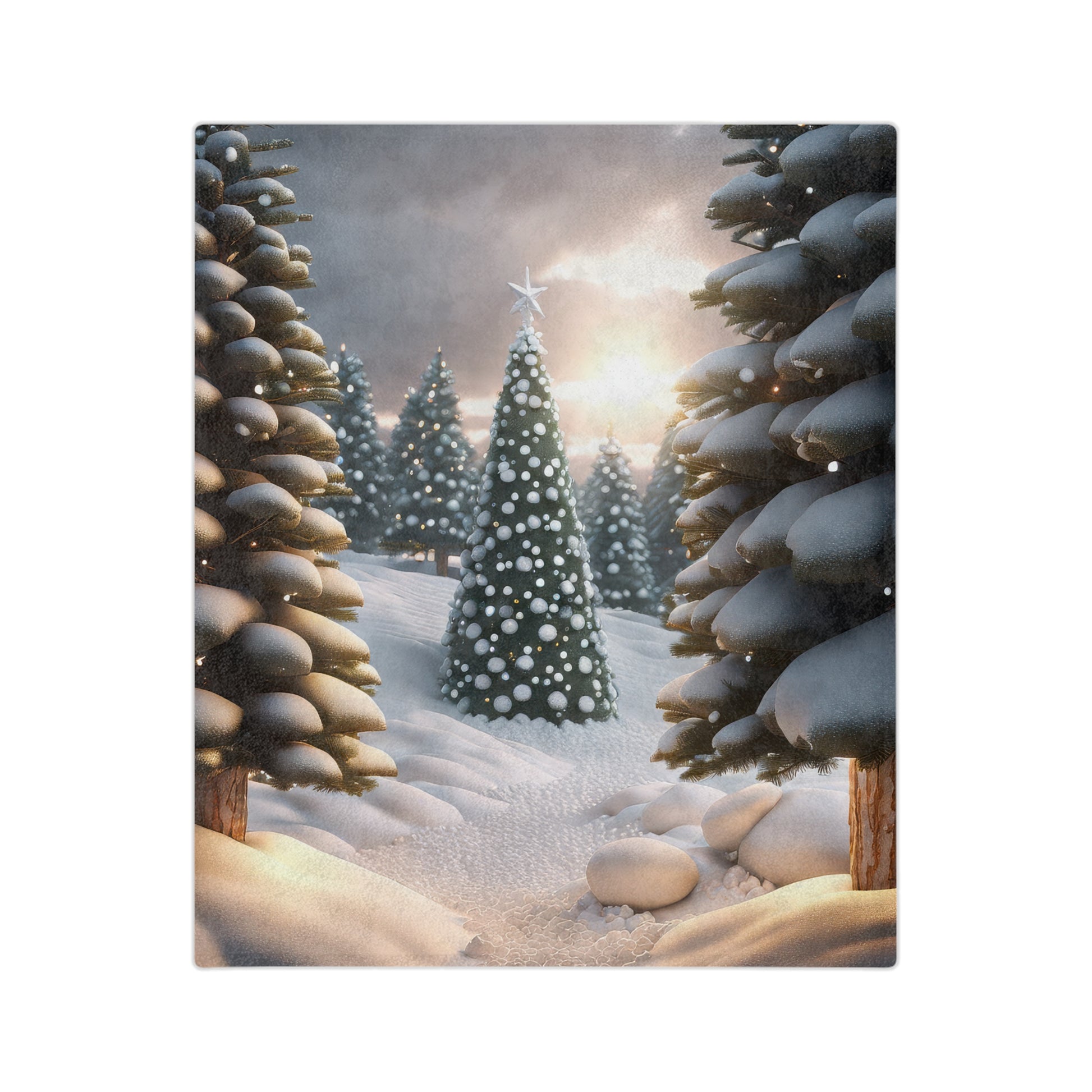 Christmas tree with white ornaments in snowy forest at sunset on velveteen plush blanket