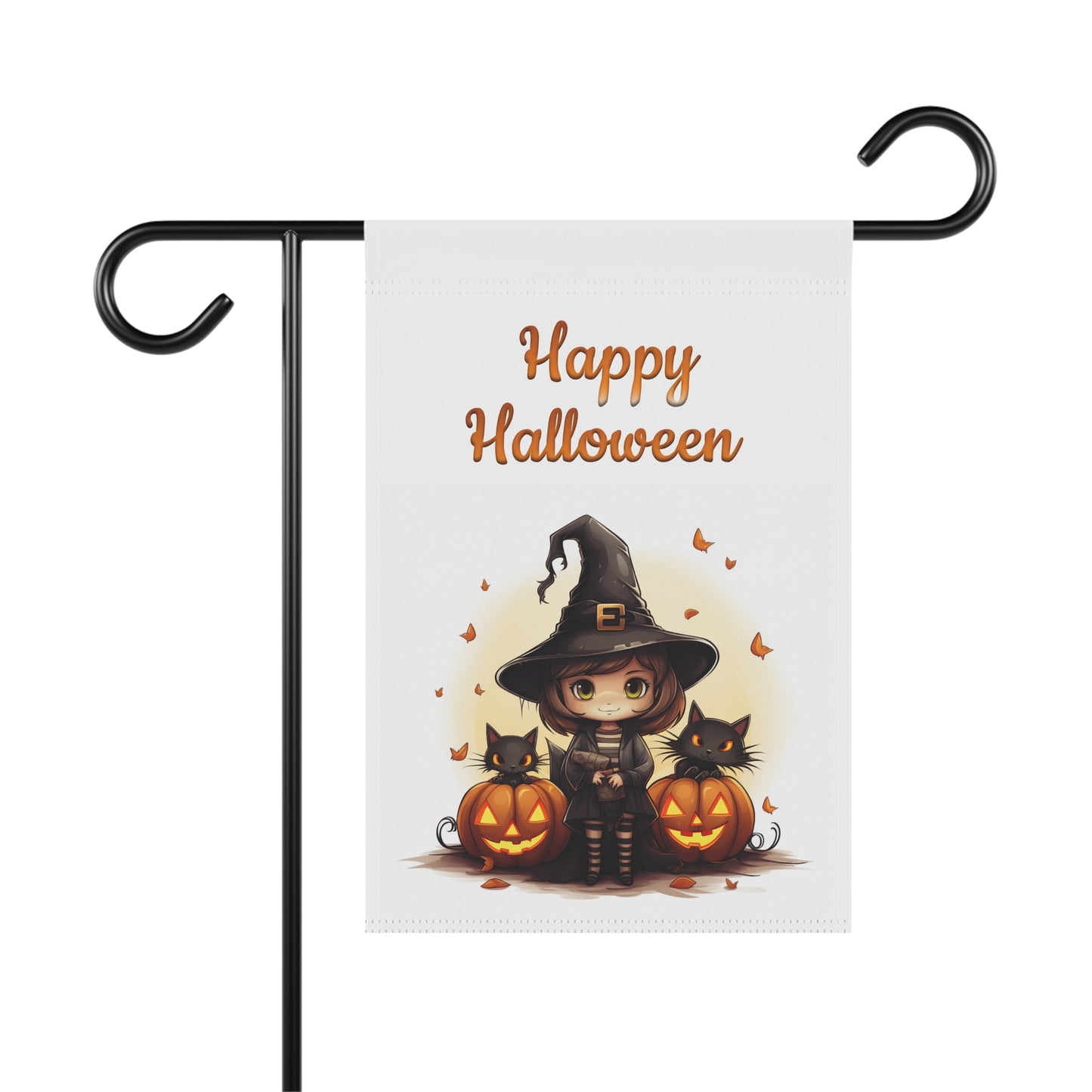 Happy Halloween! garden flag with a cute witch and two black cats on pumpkins.