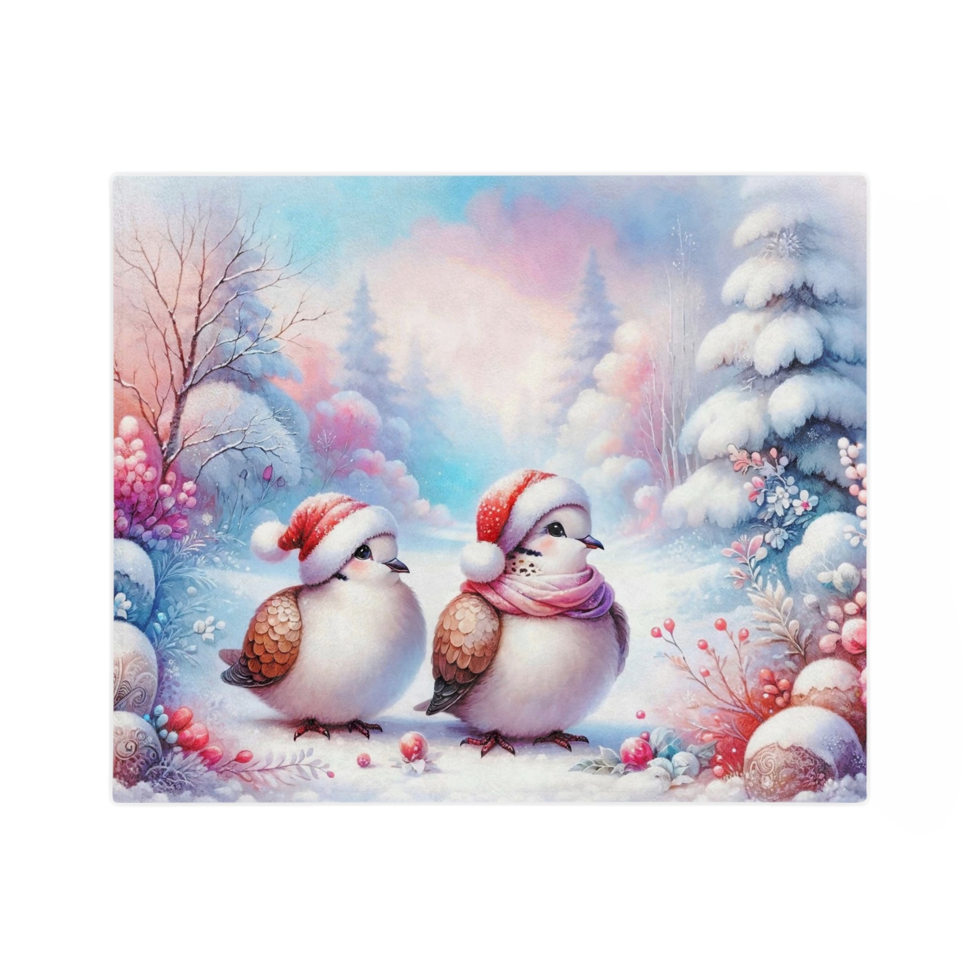 Two cute, fluffy birds wearing Santa hats and a pink scarf, standing together in a snowy winter landscape with pink and blue pastel tones and berries.

