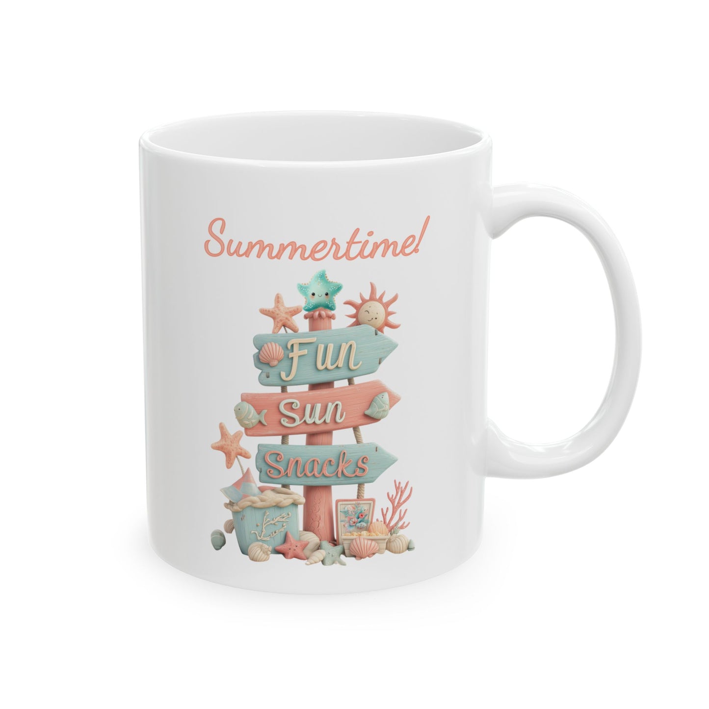 Summer ceramic coffee mug featuring a pastel-colored wooden signpost with directional arrows reading Fun, Sun, and Snacks, surrounded by smiling sea creatures, shells, and coral under text that reads Summertime.