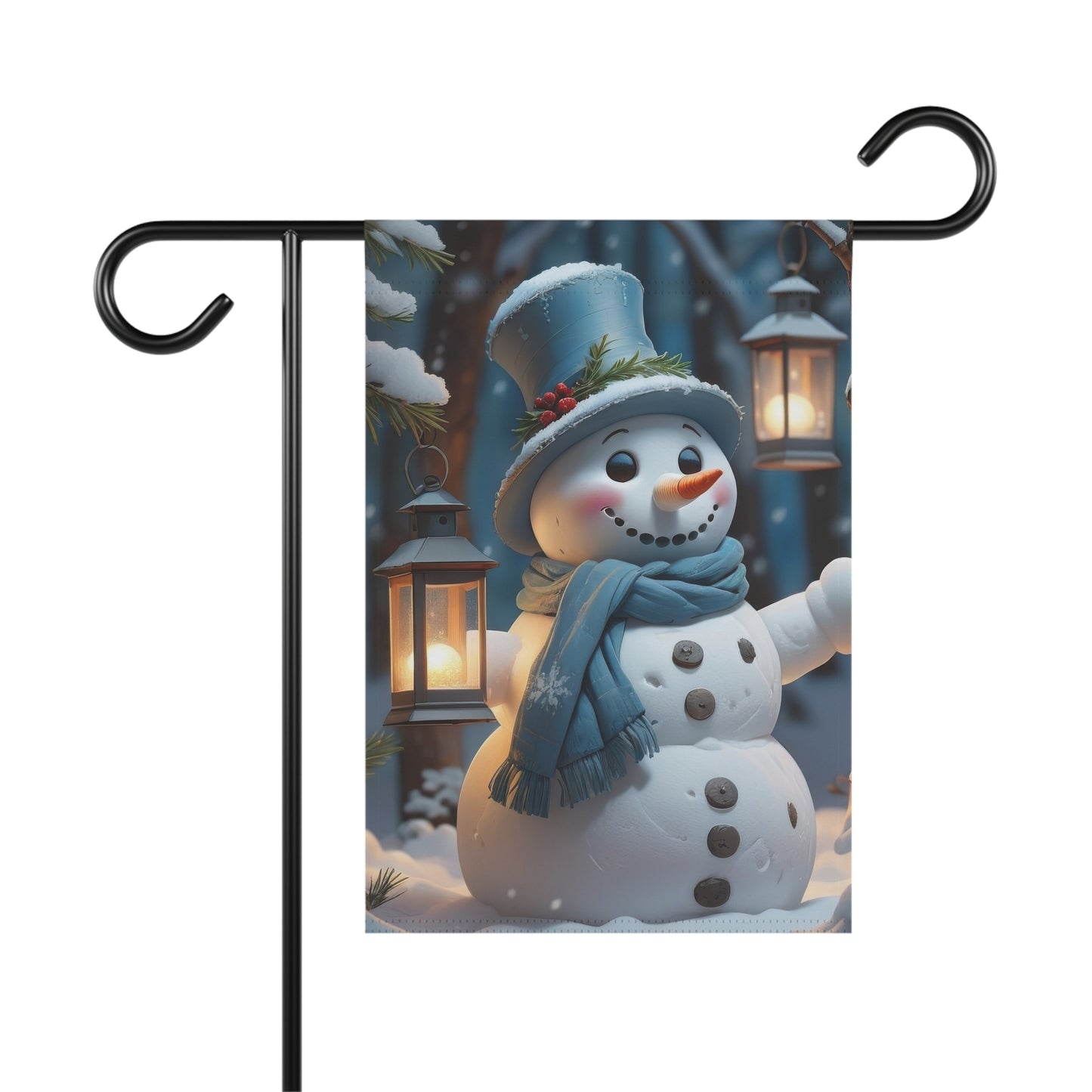 Garden flag with a happy snowman wearing a light blue top hat and scarf, standing in a snowy forest with two glowing lanterns and snow-covered trees in the background.

