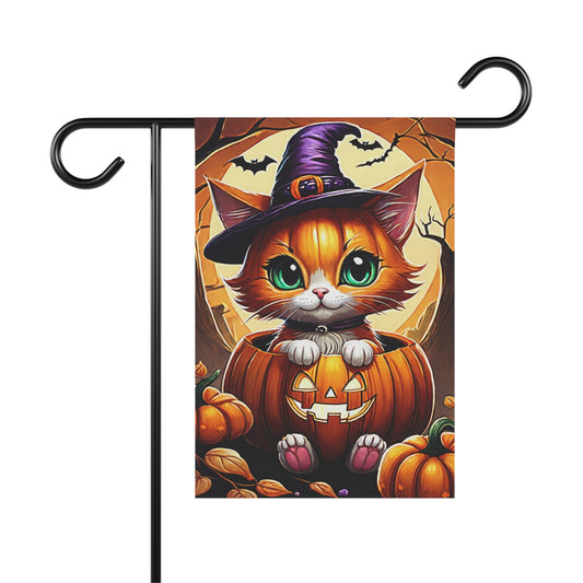 Halloween garden flag with orange kitten wearing witch hat sitting inside carved pumpkin, full moon and bats in background