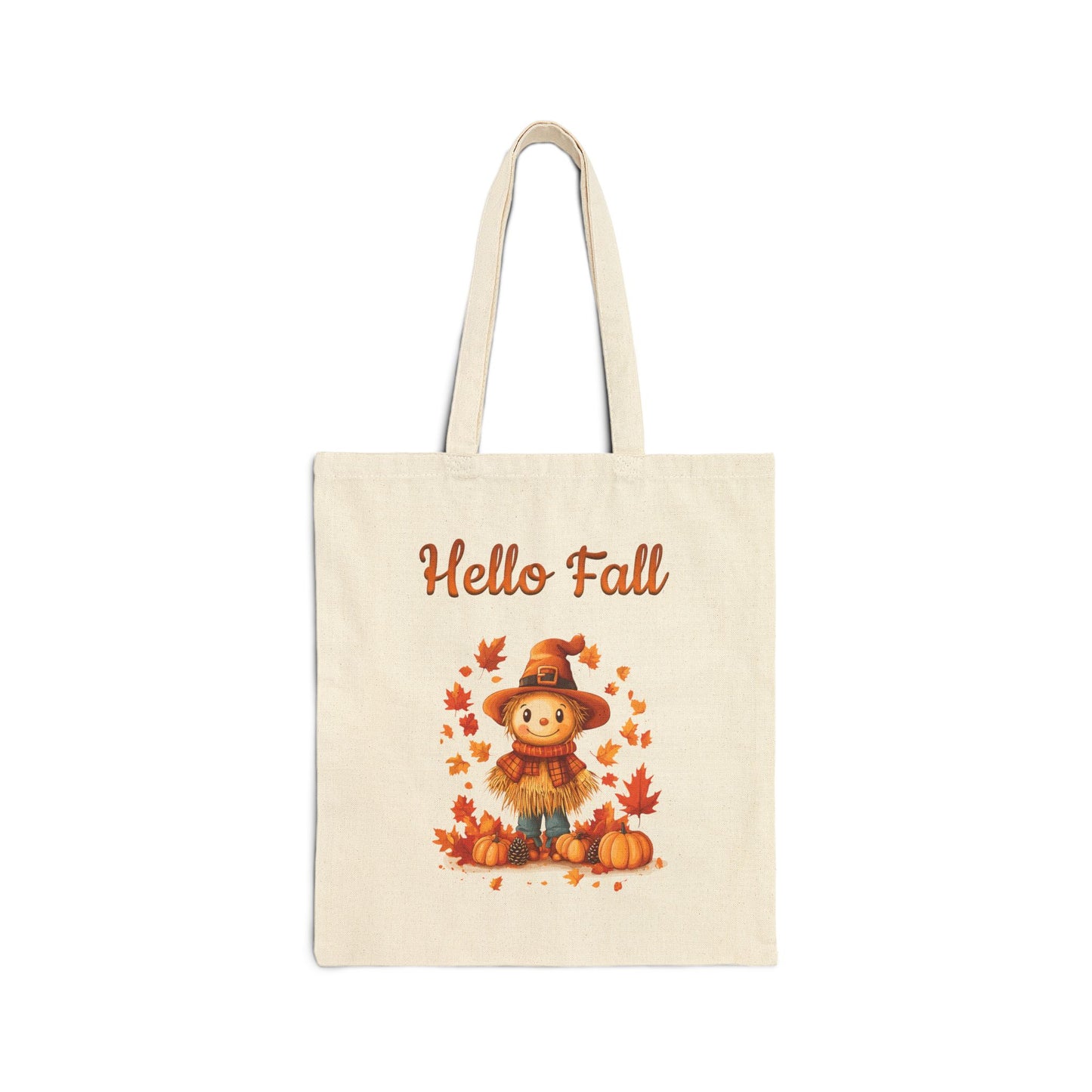 Hello Fall canvas tote bag with a cute scarecrow, pumpkins, and autumn leaves