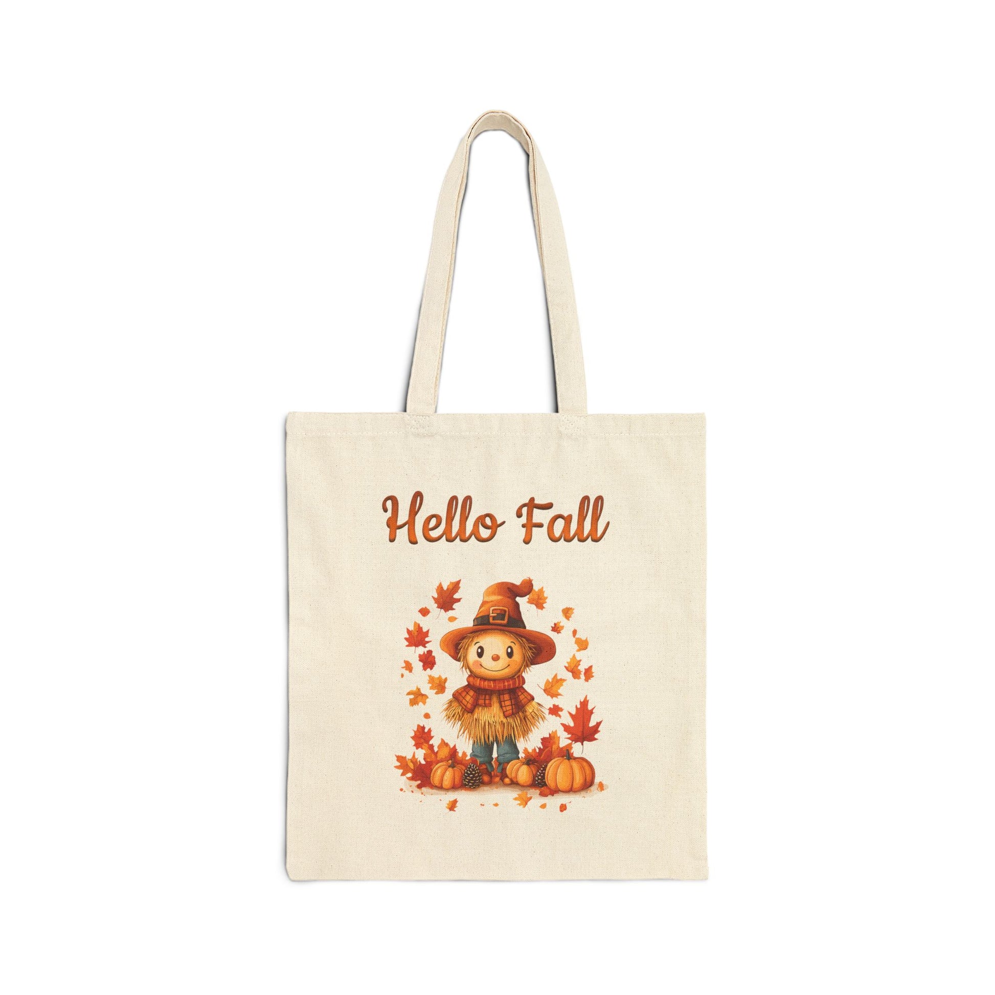 Hello Fall canvas tote bag with a cute scarecrow, pumpkins, and autumn leaves
