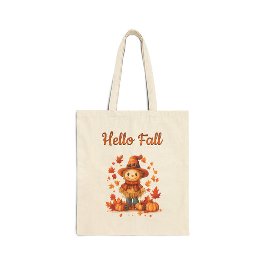 Hello Fall canvas tote bag with a cute scarecrow, pumpkins, and autumn leaves