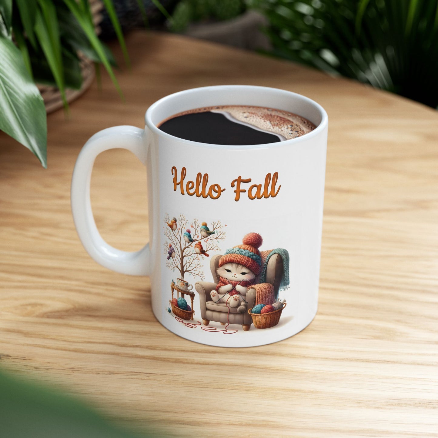 "Hello Fall" Cute Cat & Birds Coffee Mug