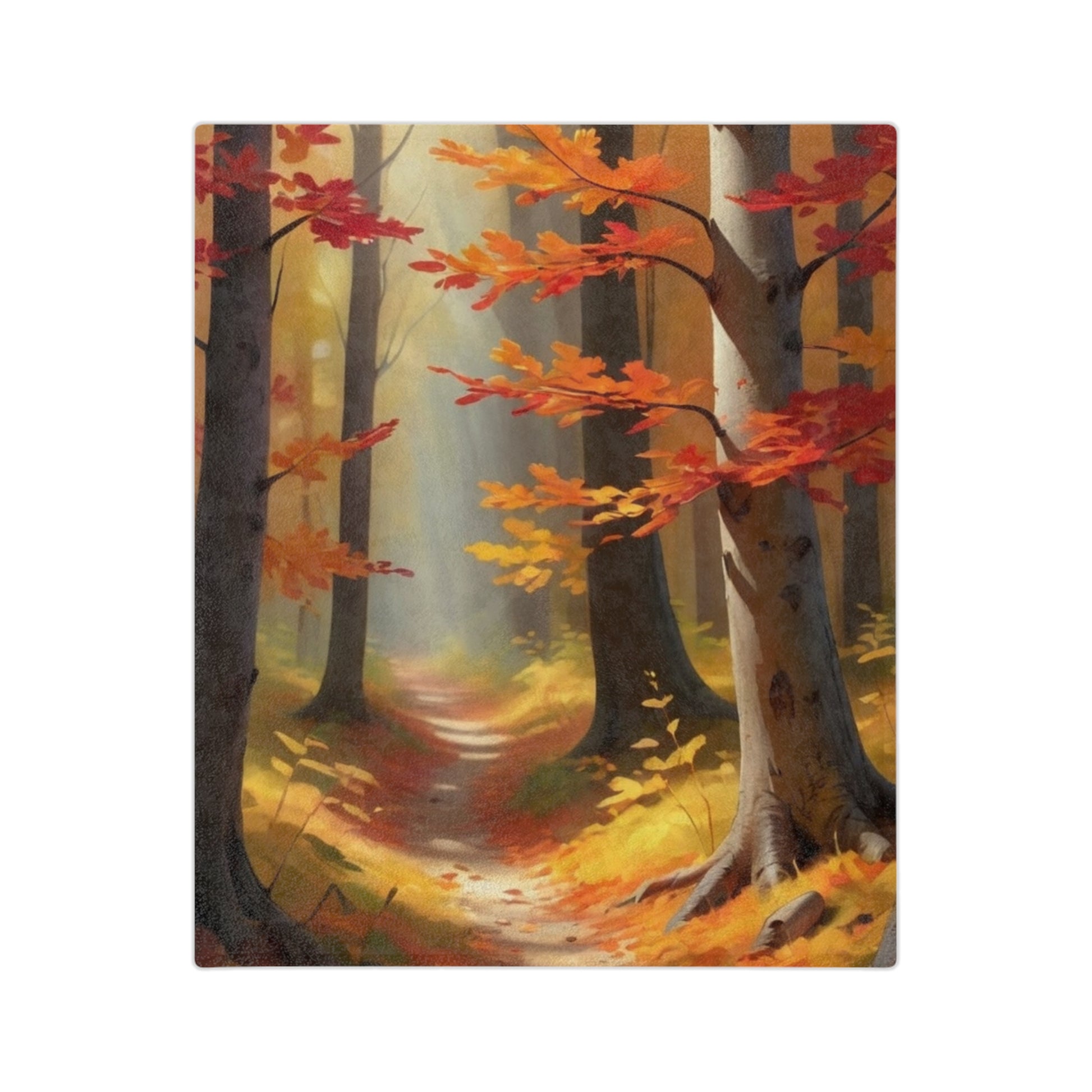 Lightweight velveteen blanket with an autumn forest path design, featuring vibrant red and orange leaves and sunlit trees.

