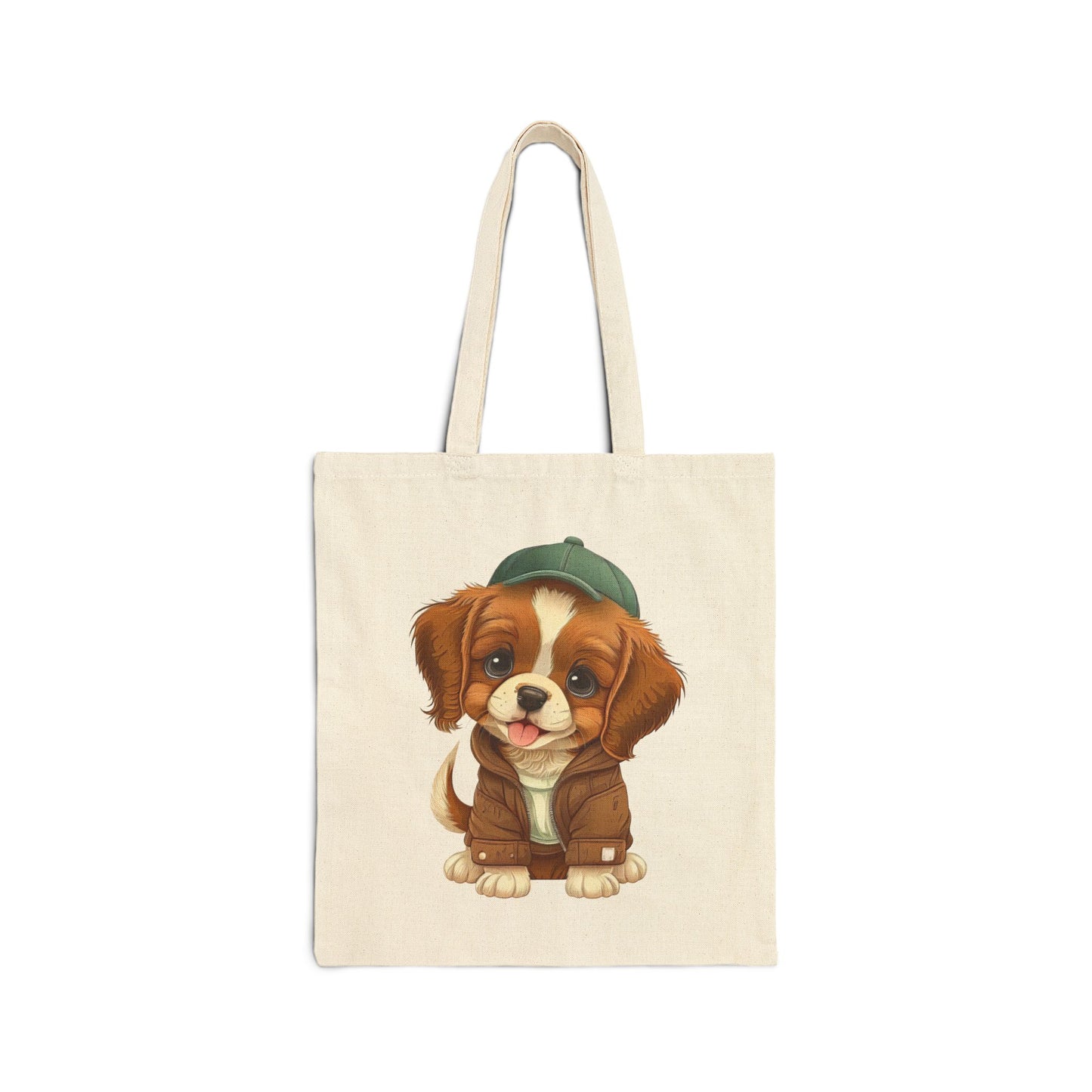 Cute puppy wearing a brown jacket and green cap on a canvas tote bag.