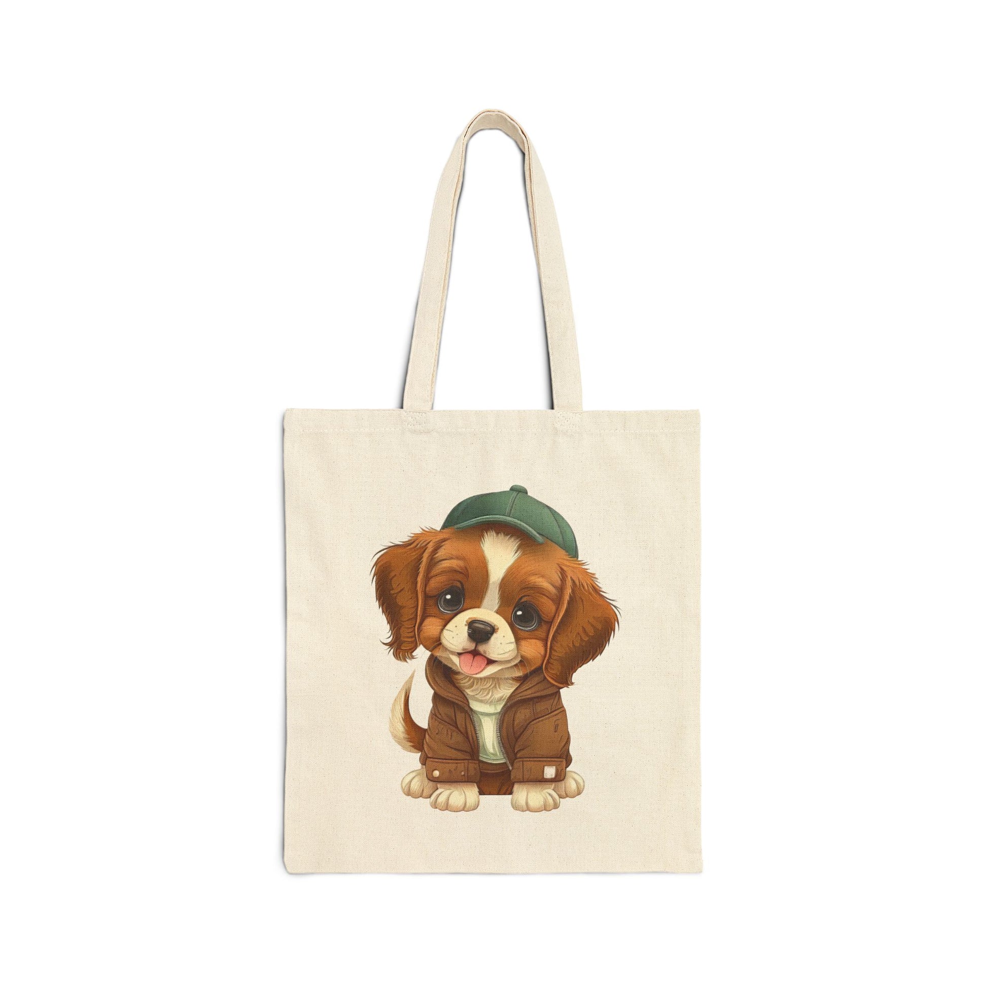 Cute puppy wearing a brown jacket and green cap on a canvas tote bag.