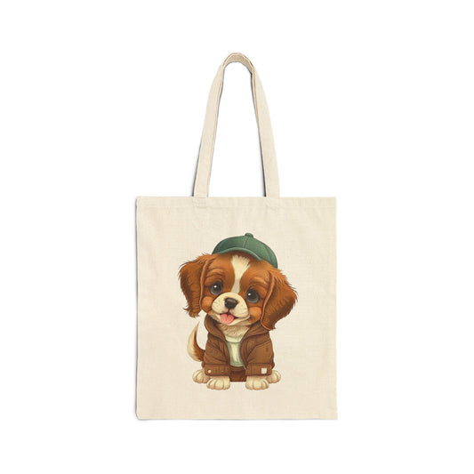 Cute puppy wearing a brown jacket and green cap on a canvas tote bag.