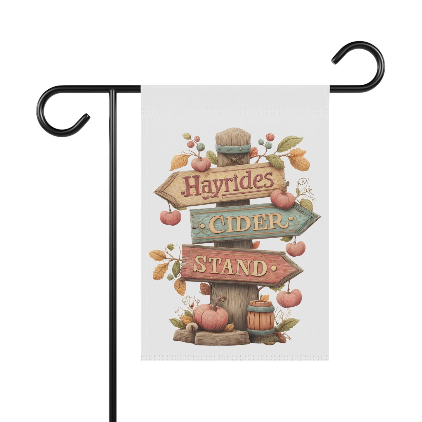 Whimsical autumn garden flag featuring a rustic wooden directional signpost for Hayrides, Cider, and Stand in muted pastel tones, decorated with hanging apples, a pumpkin, and a small wooden barrel at the base.