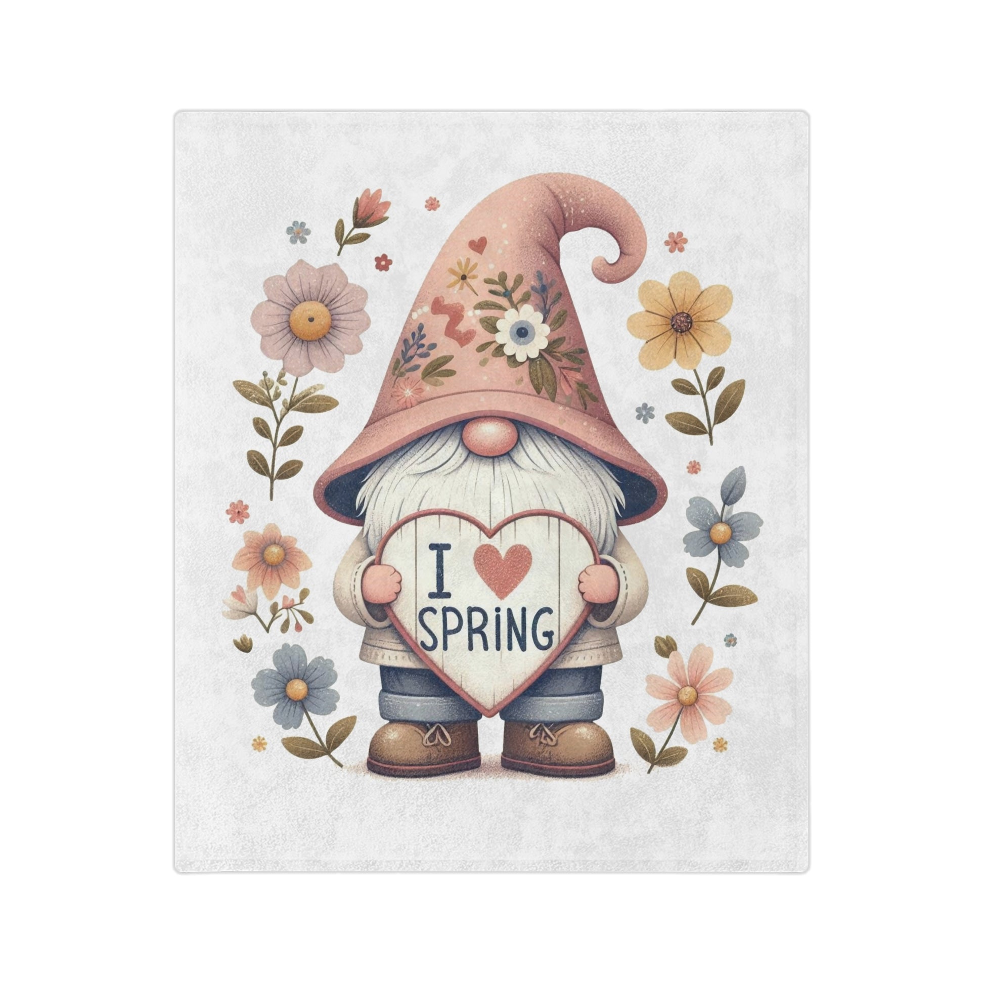 A soft "I Love Spring" velveteen blanket featuring a watercolor illustration of a gnome holding a heart, surrounded by flowers.

