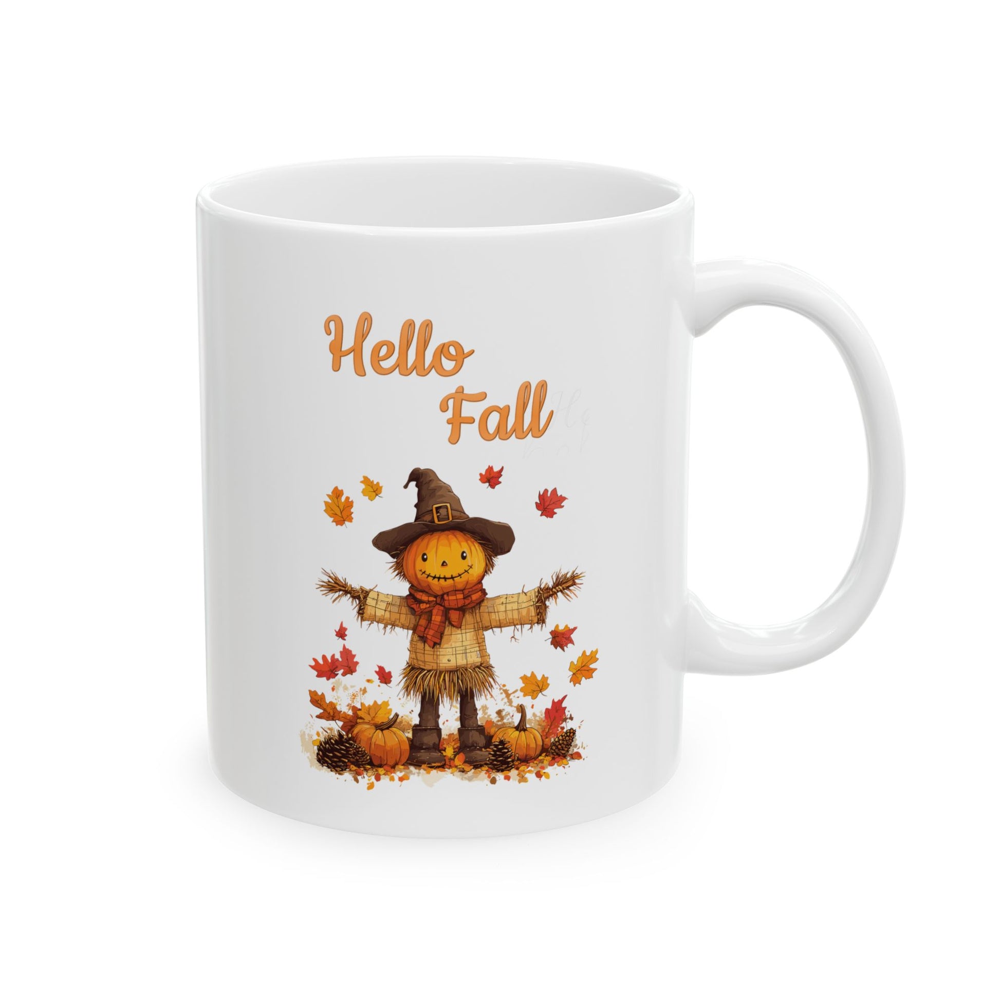 White ceramic coffee mug with a cute cartoon scarecrow with a pumpkin head, surrounded by pumpkins and fall leaves, and the text "Hello Fall."