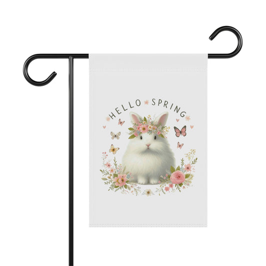 "Hello Spring" garden flag featuring a watercolor illustration of a fluffy white bunny with a pink floral crown, surrounded by flowers and butterflies.