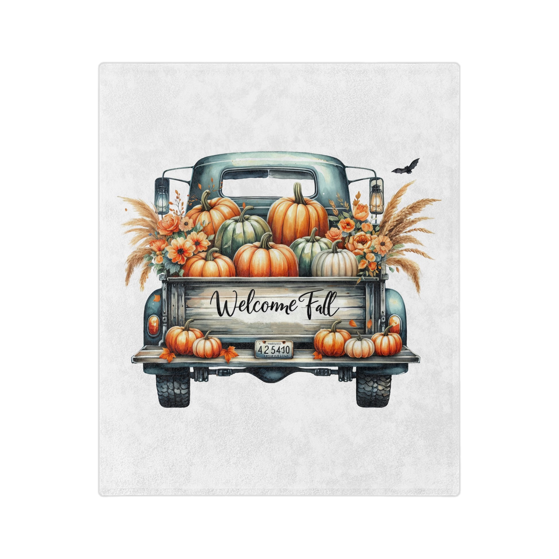 Lightweight velveteen blanket with a rustic blue pickup truck carrying a "Welcome Fall" sign, pumpkins, gourds, and fall flowers in its bed, with a small bat flying overhead.

