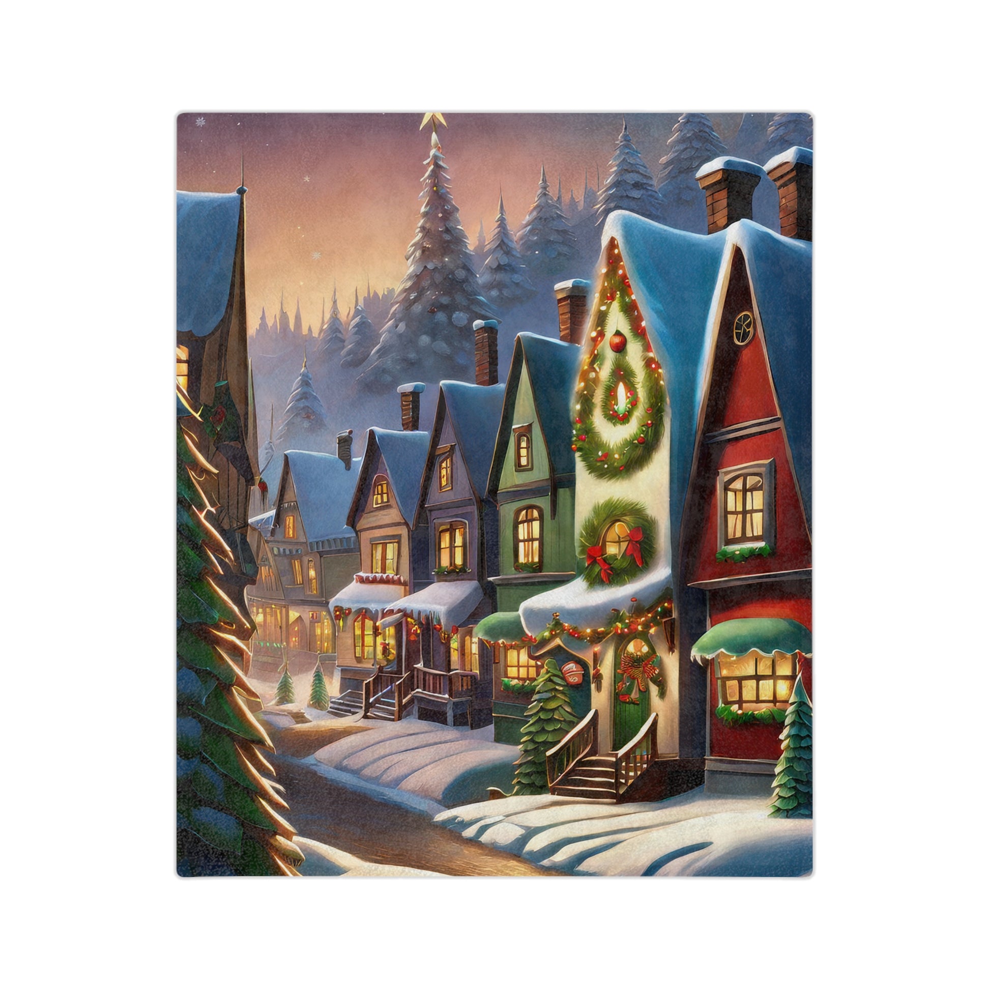 Christmas village blanket with snow-covered houses, wreaths, and holiday lights on a winter street scene

