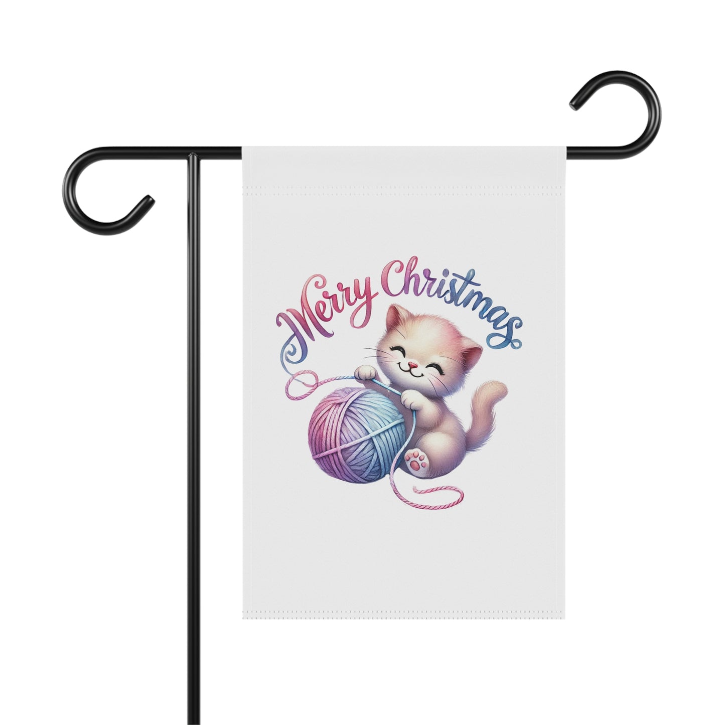 Merry Christmas garden flag with a cute cartoon kitten playing with a pink and blue ball of yarn, with "Merry Christmas" text, adorable holiday pet decor.

