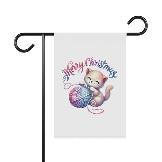 Merry Christmas garden flag with a cute cartoon kitten playing with a pink and blue ball of yarn, with "Merry Christmas" text, adorable holiday pet decor.

