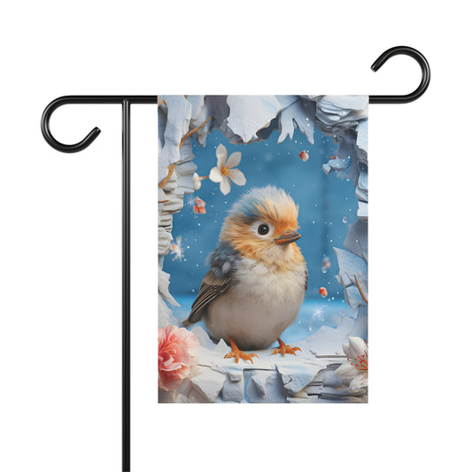 Cute baby bird garden flag with blue background and white floral frame, spring outdoor décor