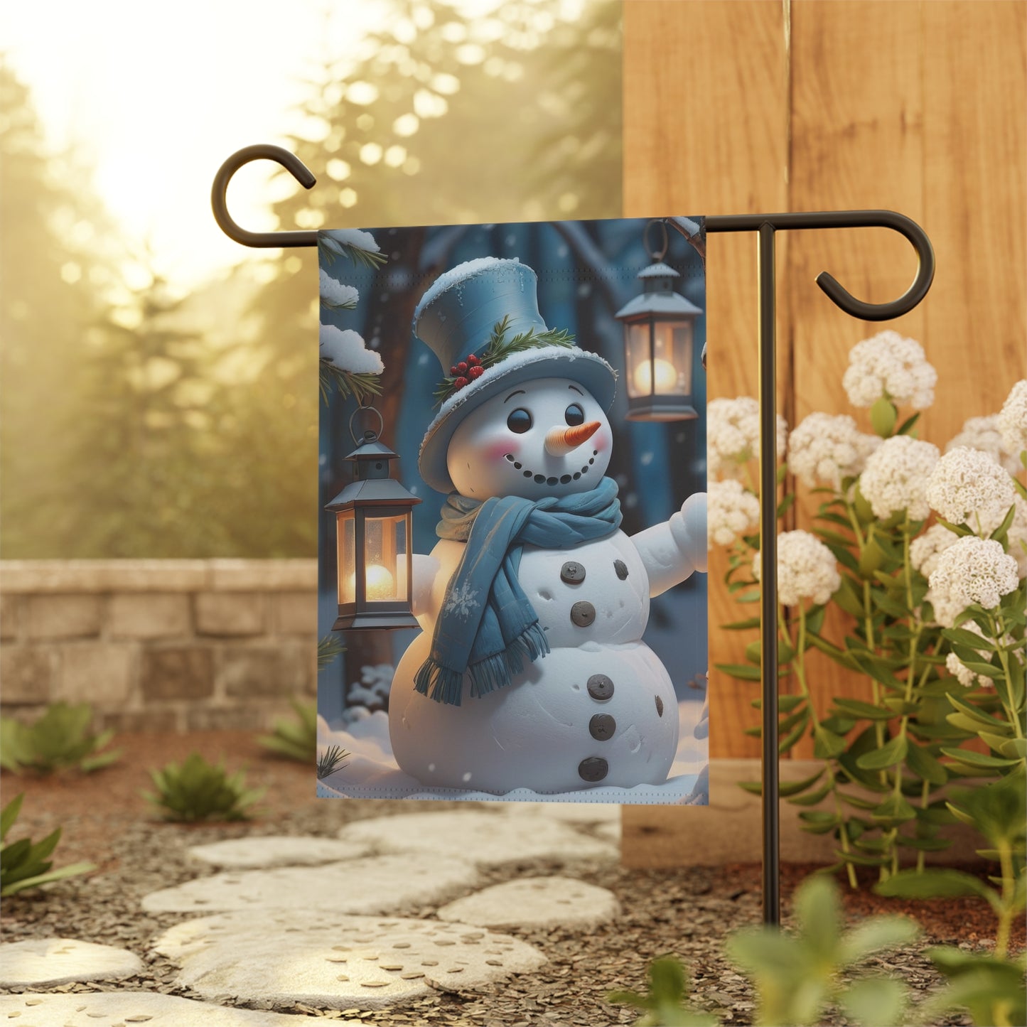 Cheerful Snowman in Blue Garden Flag