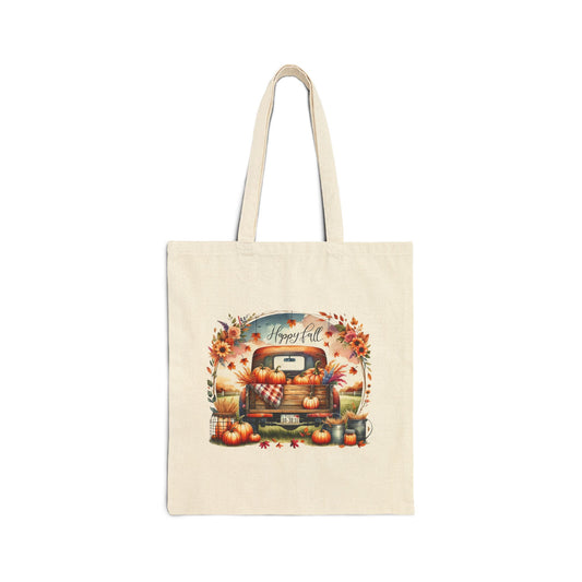 Happy Fall canvas tote bag featuring a vintage red truck filled with pumpkins, surrounded by a wreath of sunflowers and autumn leaves