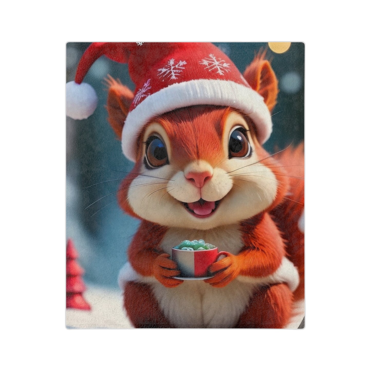 Adorable cartoon squirrel wearing Santa hat and holding cocoa on velveteen plush Christmas blanket