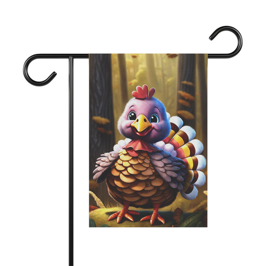 Cute Thanksgiving garden flag with pink cartoon turkey in fall forest setting