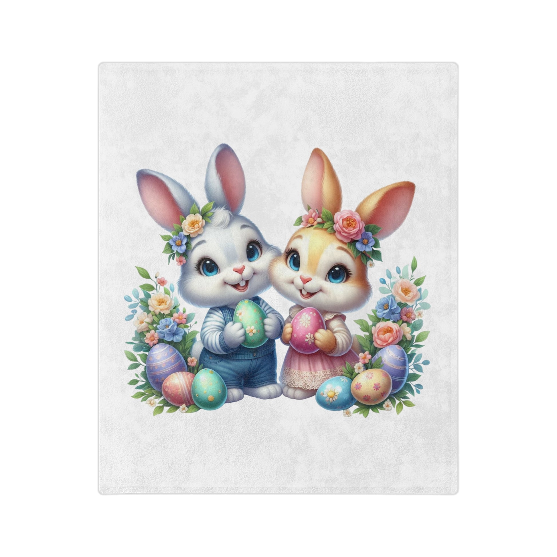 Lightweight velveteen blanket with a printed design of two adorable cartoon Easter bunnies, a gray one in blue overalls and an orange one in a pink dress, holding decorated eggs and surrounded by flowers.