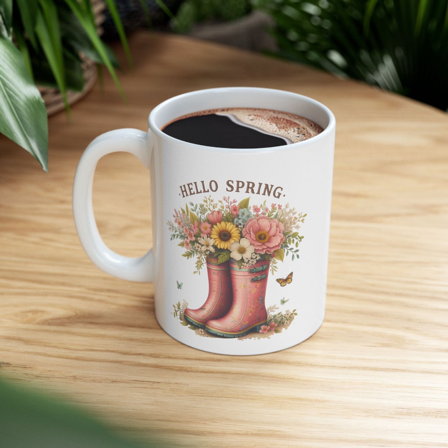 "Hello Spring" Floral Rain Boot Coffee Mug