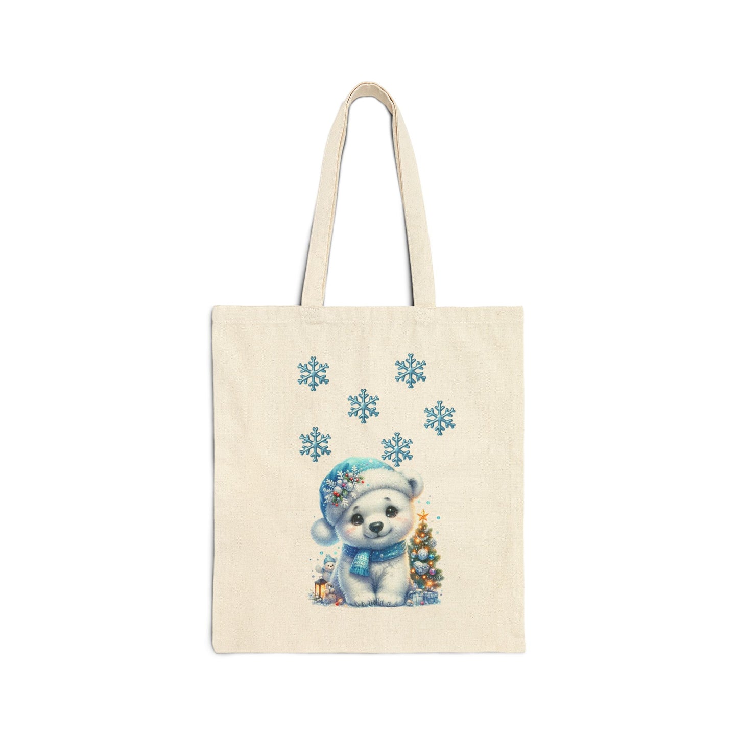 Canvas tote bag with a cute polar bear and Christmas tree illustration