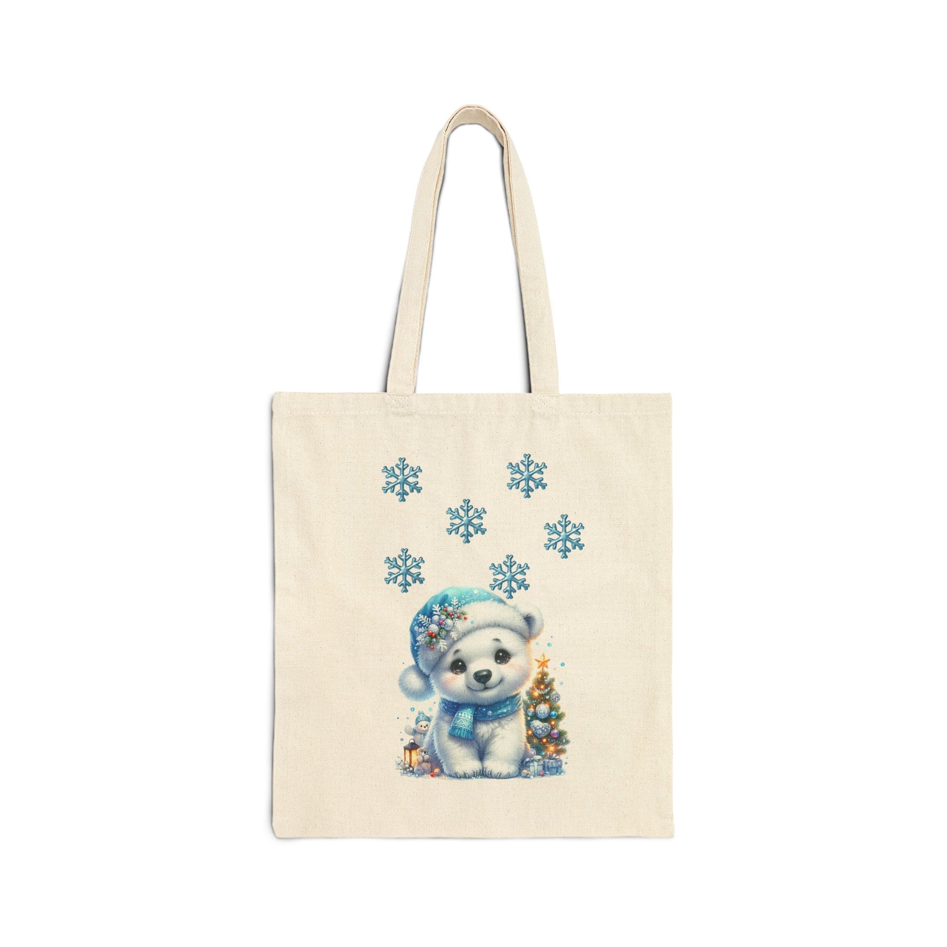 Canvas tote bag with a cute polar bear and Christmas tree illustration