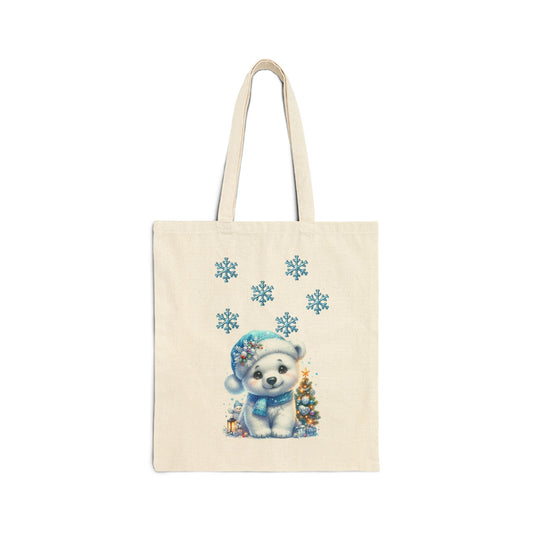 Canvas tote bag with a cute polar bear and Christmas tree illustration