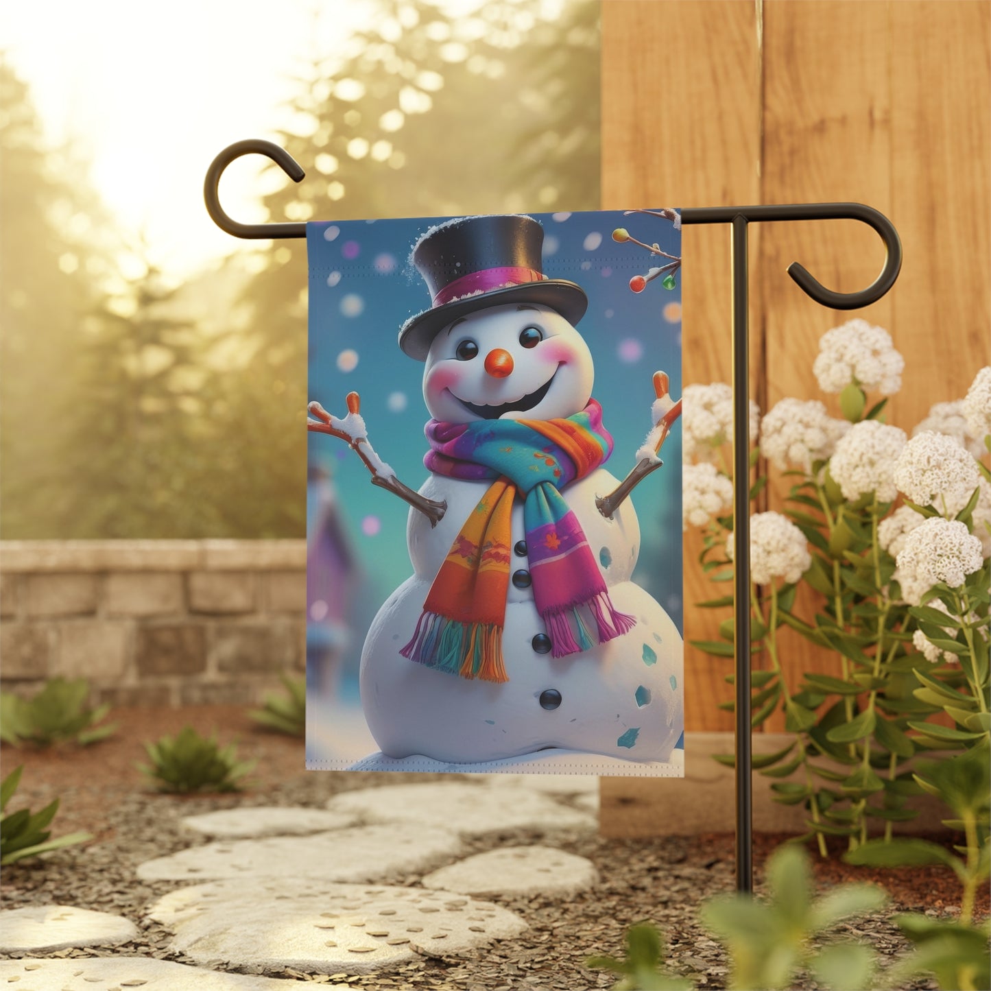 Garden flag with a cheerful snowman wearing a black top hat and a multi-colored striped scarf, with falling snow in the background.