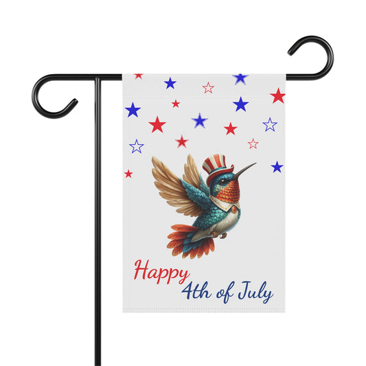 Happy 4th of July garden flag with a hummingbird wearing a patriotic top hat, surrounded by red and blue stars, summer outdoor decor.

