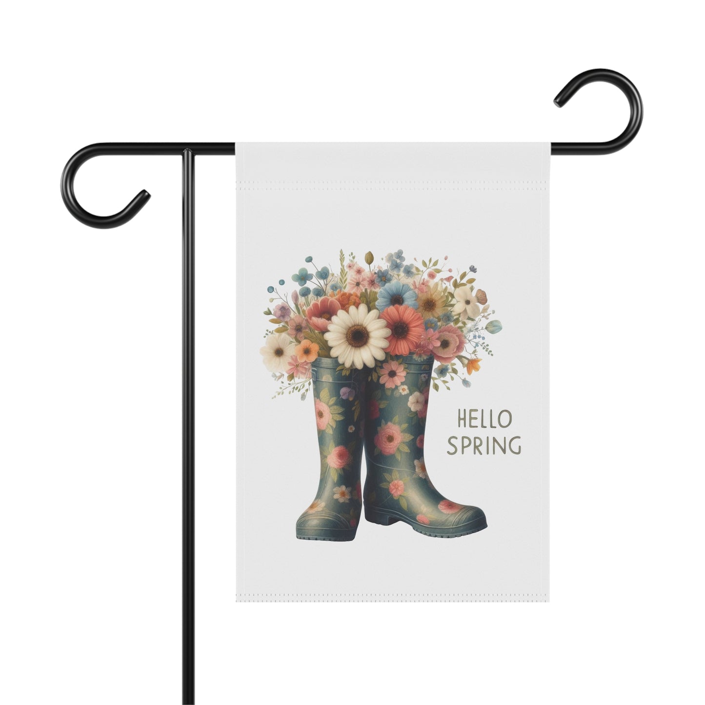 Hello Spring garden flag with floral rain boots and a bouquet of wildflowers.

