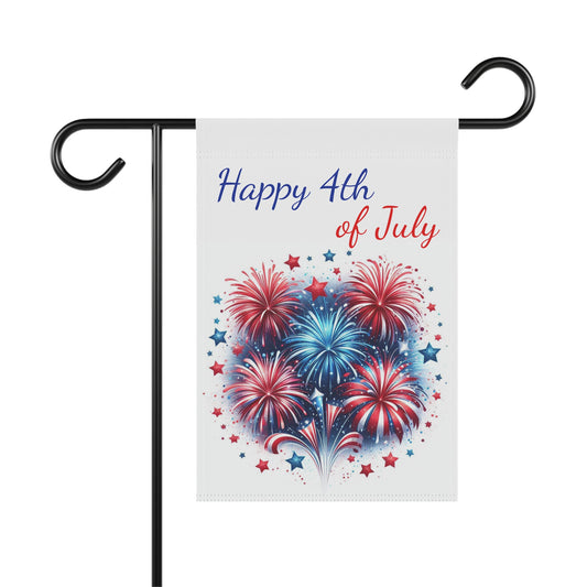 Patriotic garden flag featuring a cluster of red, white, and blue fireworks with striped fountain streams and scattered stars beneath the script text Happy 4th of July on an off-white background.