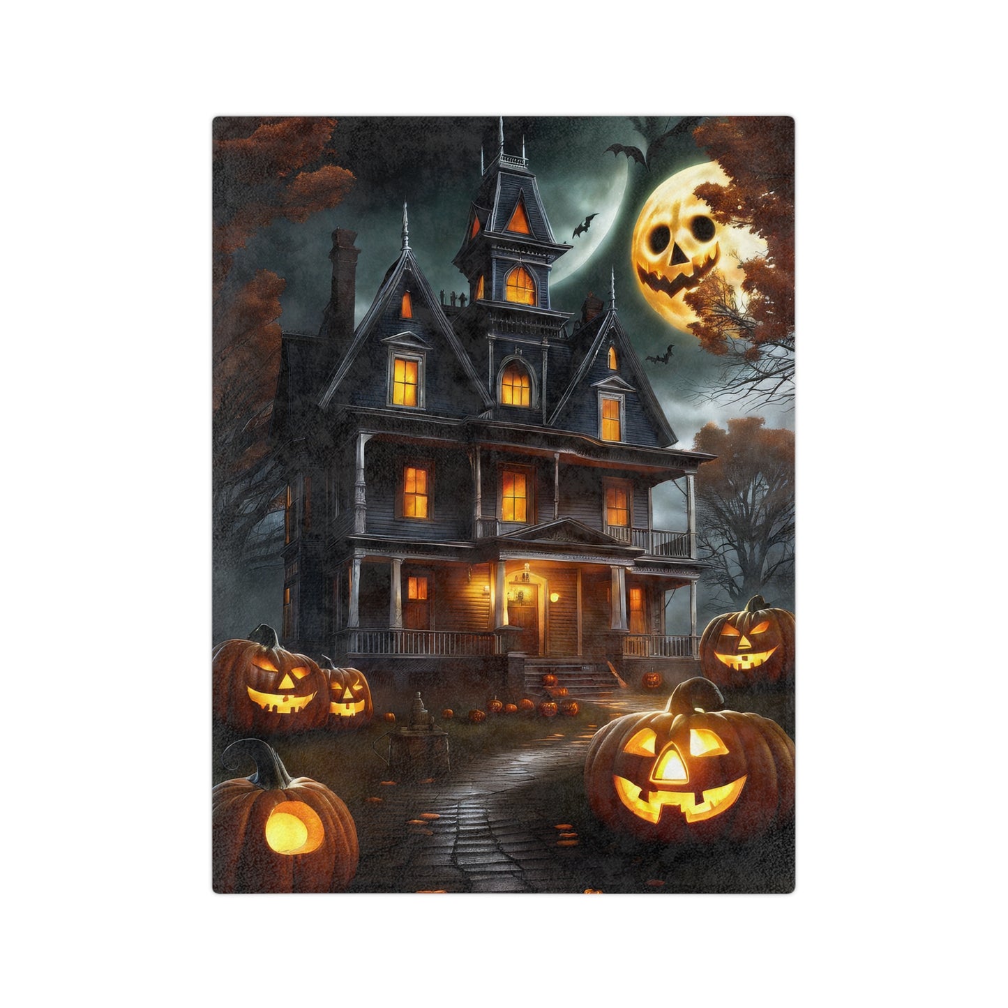 A plush Halloween blanket with a classic spooky design, featuring a haunted house under an orange sky and full moon, with a path lined by glowing jack-o'-lanterns and bats flying overhead.

