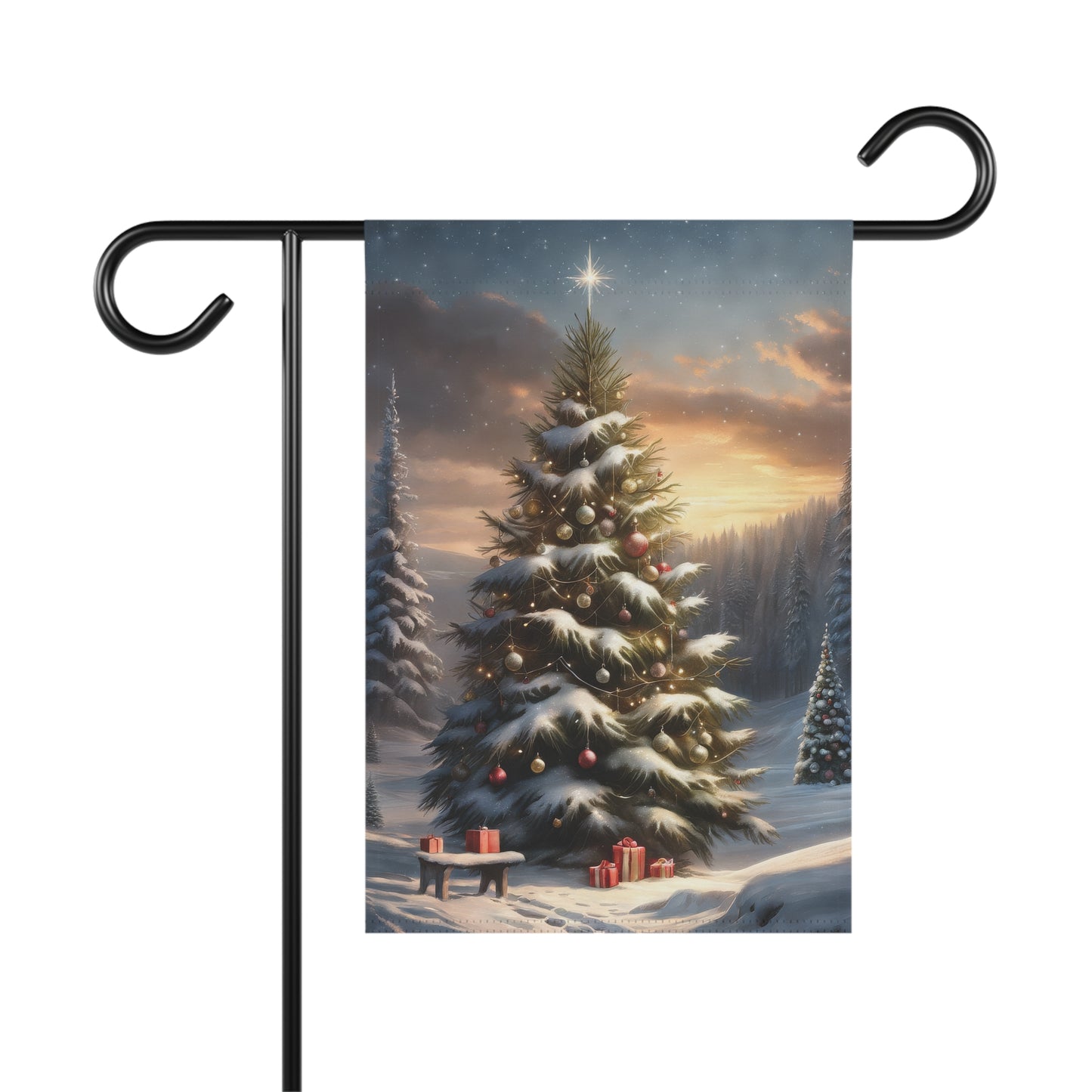 Beautiful snowy Christmas tree garden flag with ornaments, lights, and presents at its base, in a winter landscape with a twilight sky, festive outdoor decor.

