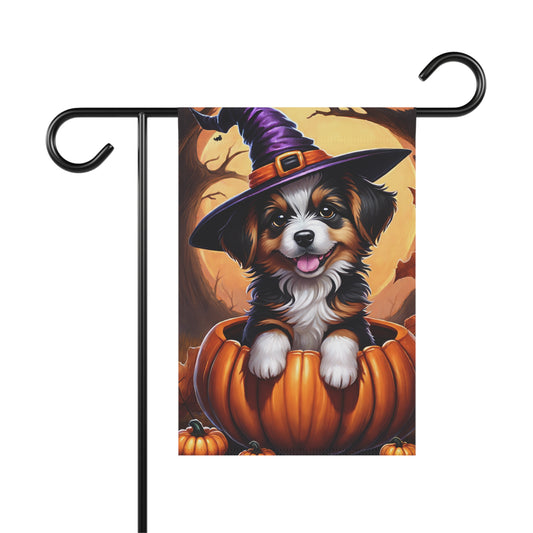 Cute Halloween puppy in pumpkin wearing witch hat garden flag