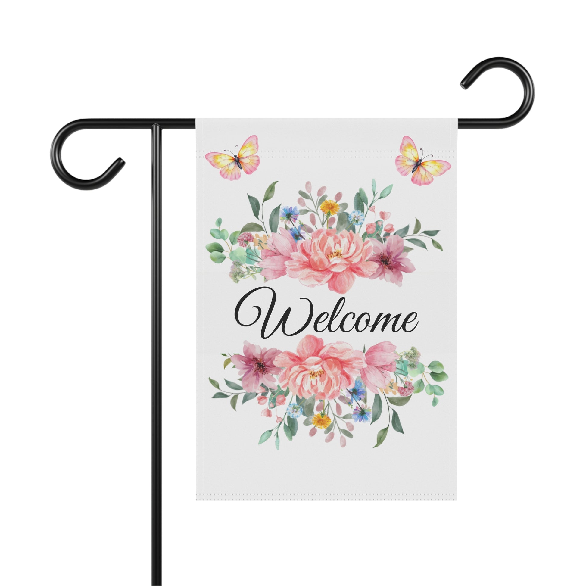Welcome garden flag with pink flower bouquet and butterflies, floral spring outdoor yard decoration