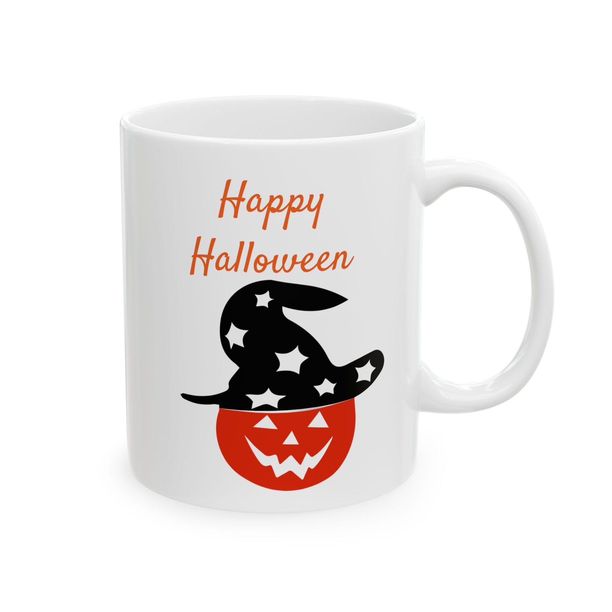 White ceramic coffee mug with a black witch hat on top of a red jack-o'-lantern, and orange text that reads 'Happy Halloween
