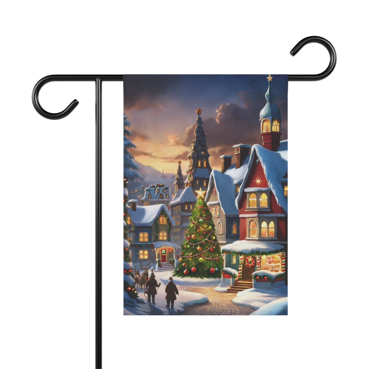 Vibrant Christmas village garden flag with snow-covered houses, decorated Christmas trees, and people walking, festive holiday outdoor decor at twilight.

