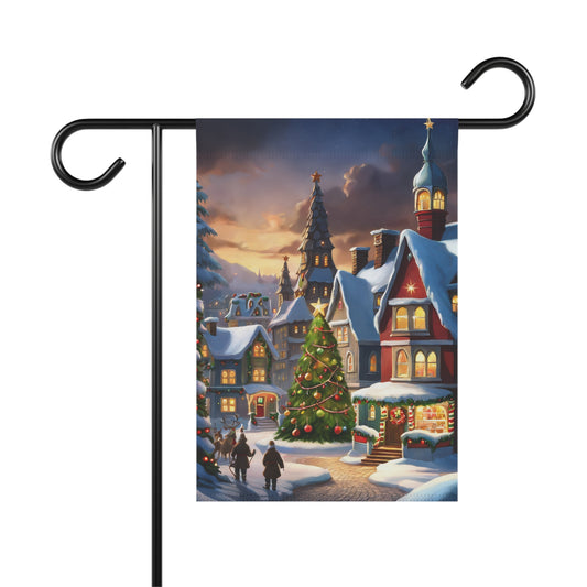 Vibrant Christmas village garden flag with snow-covered houses, decorated Christmas trees, and people walking, festive holiday outdoor decor at twilight.


