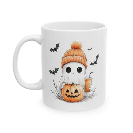 Adorable Ghost with Beanie & Pumpkin Coffee Mug