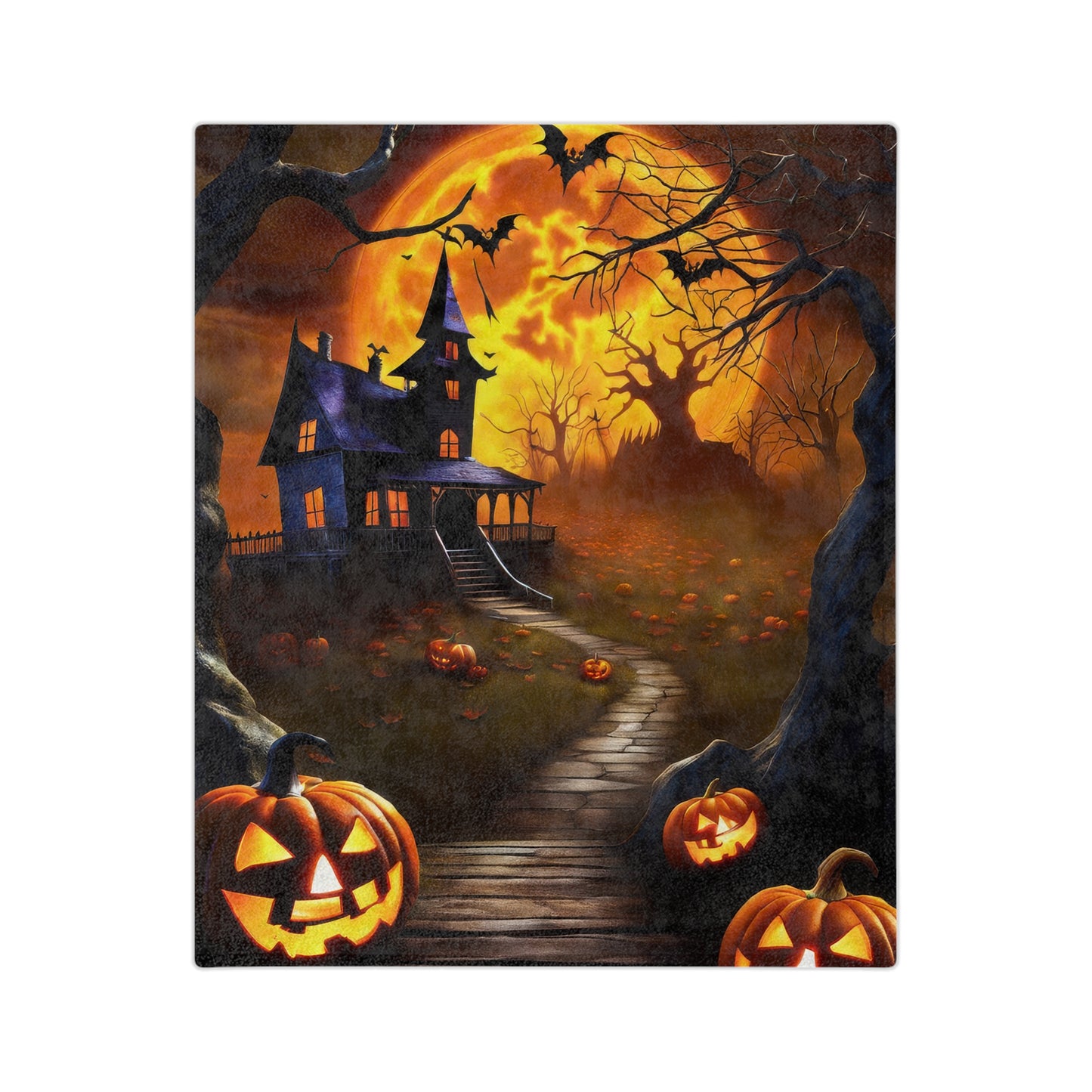 Haunted House & Orange Moon Halloween Lightweight Velveteen Blanket