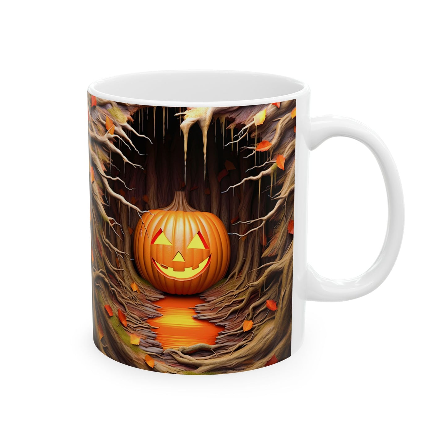 White ceramic coffee mug with a 3D-style illustration of a glowing orange jack-o'-lantern inside a dark tree trunk opening, surrounded by twisted roots and fallen autumn leaves, with a reflective pool of light at the bottom.